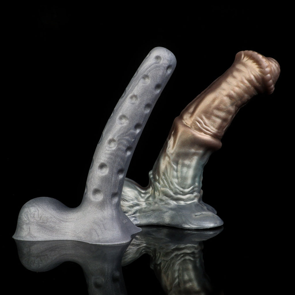 Futuristic Metallic-Style Wearable Cock Sleeve – Platinum Silicone Penis Extender with Leather Harness Support