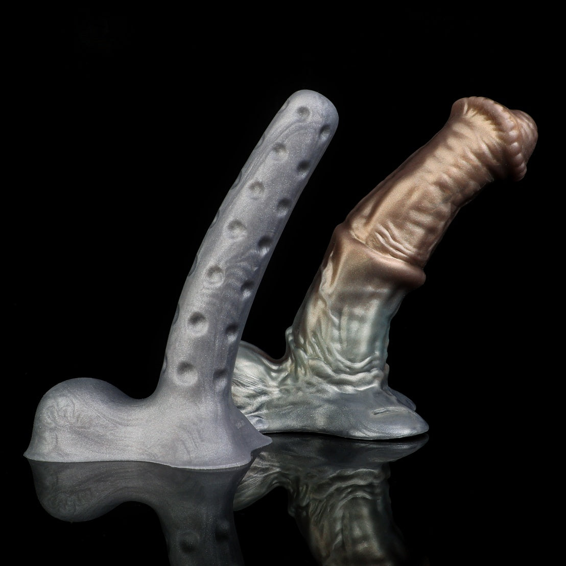 Futuristic Metallic-Style Wearable Cock Sleeve – Platinum Silicone Penis Extender with Leather Harness Support