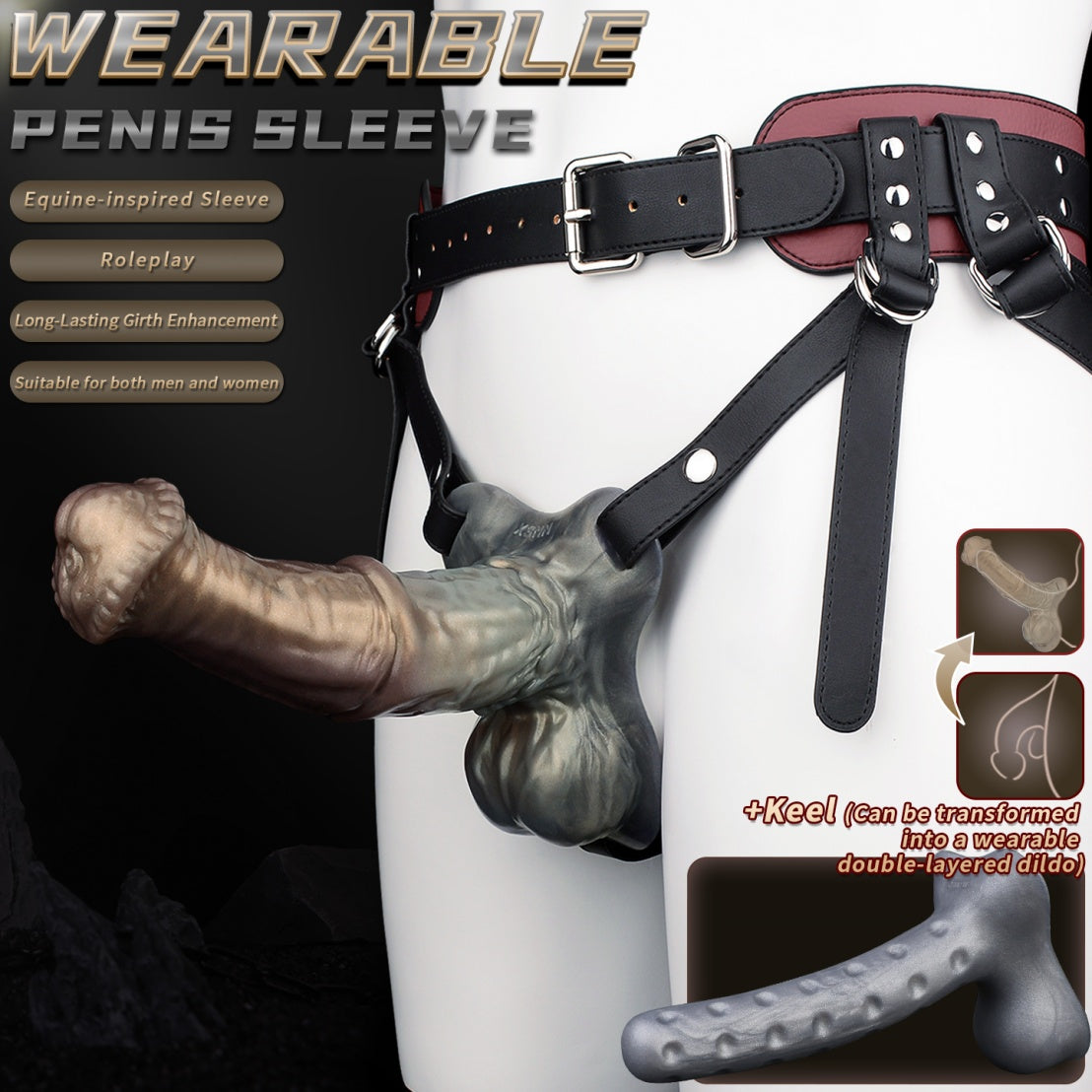 Futuristic Metallic-Style Wearable Cock Sleeve – Platinum Silicone Penis Extender with Leather Harness Support
