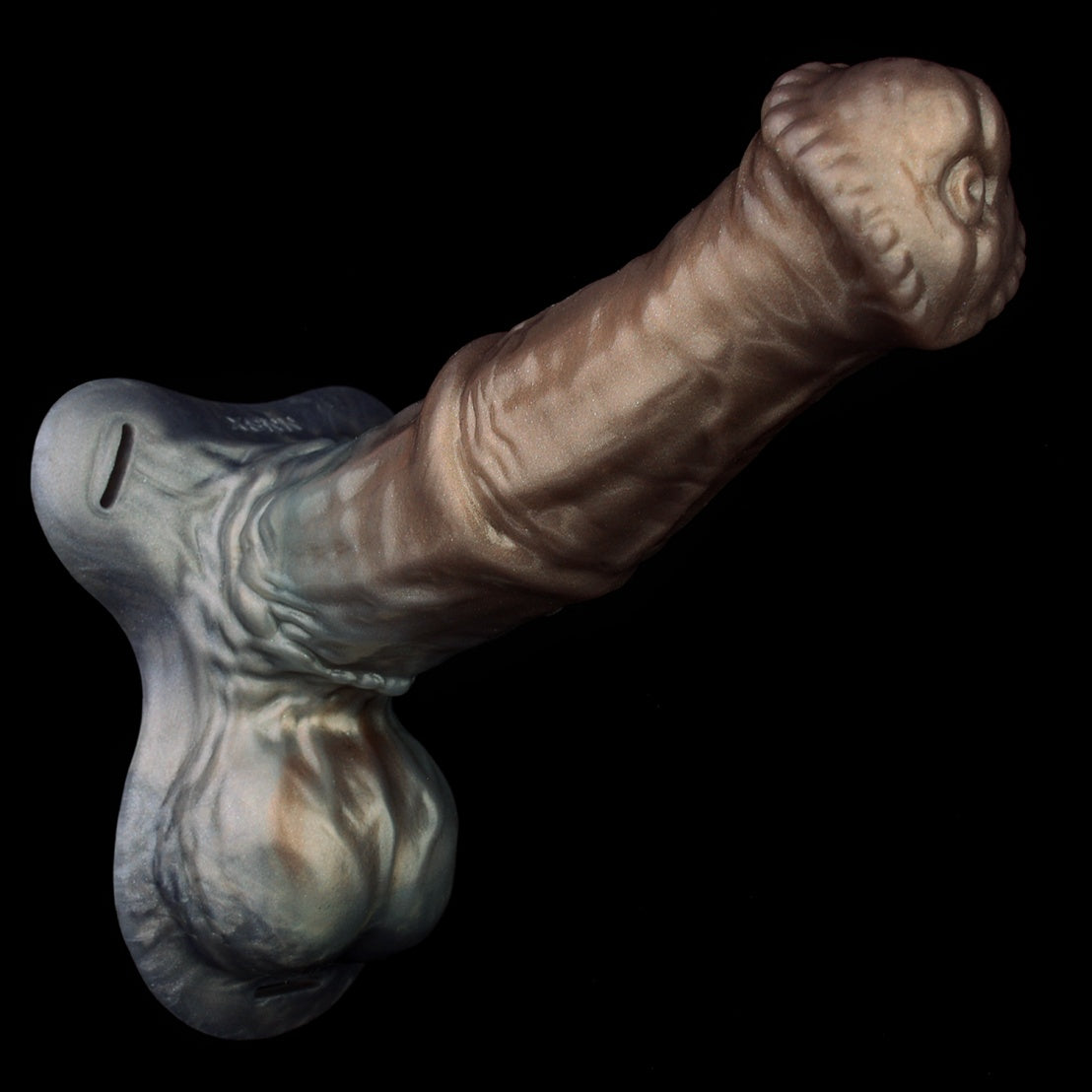 Futuristic Metallic-Style Wearable Cock Sleeve – Platinum Silicone Penis Extender with Leather Harness Support