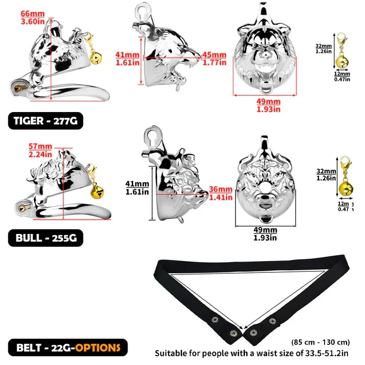 Metal Beast Tiger & Bull Chastity Cage with Bell