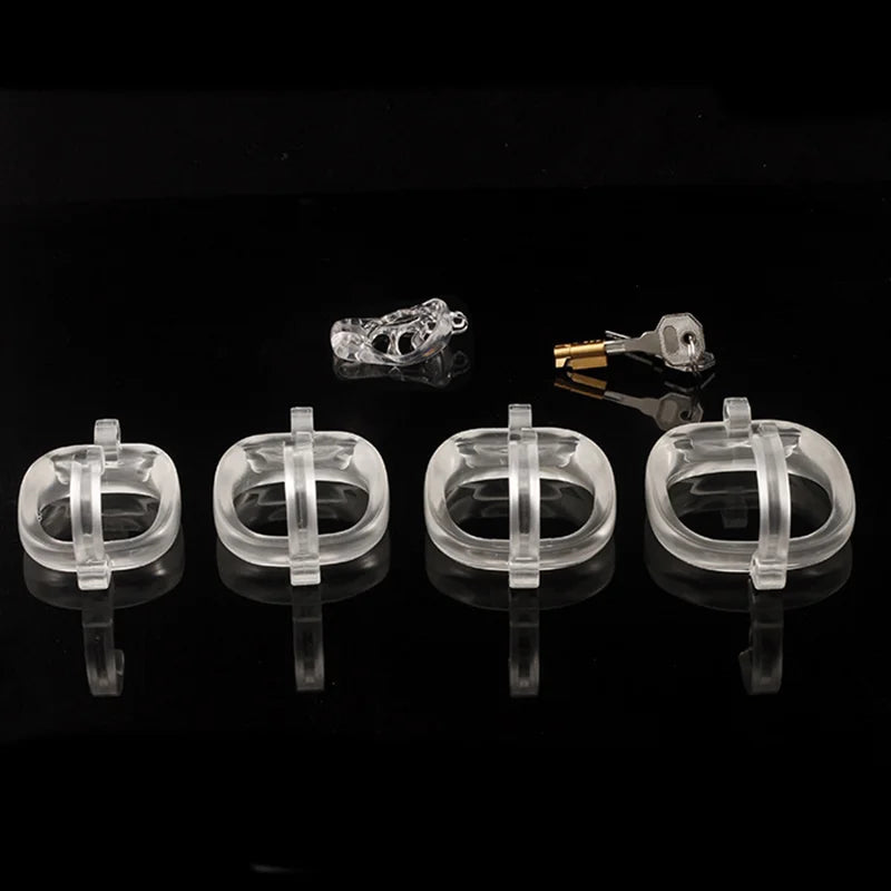 Plastic Male Chastity Cage with Key – Adjustable ABS Design, 3 Internal Styles, 4 Ring Sizes (42–55mm), Pink / Black / Clear