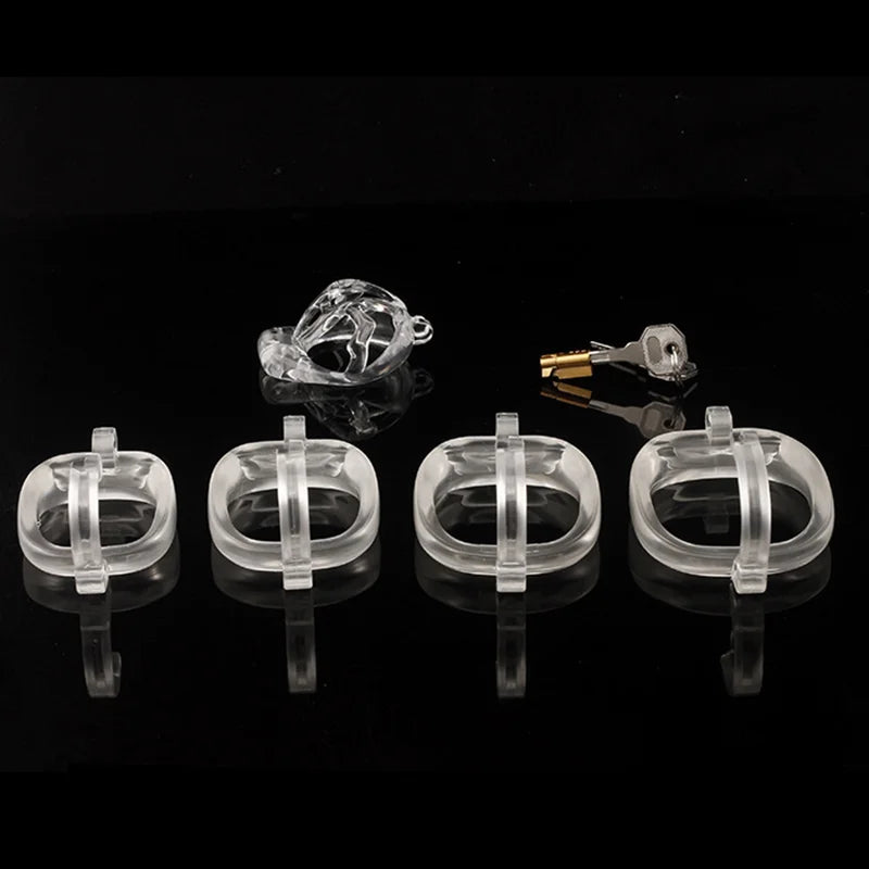 Plastic Male Chastity Cage with Key – Adjustable ABS Design, 3 Internal Styles, 4 Ring Sizes (42–55mm), Pink / Black / Clear