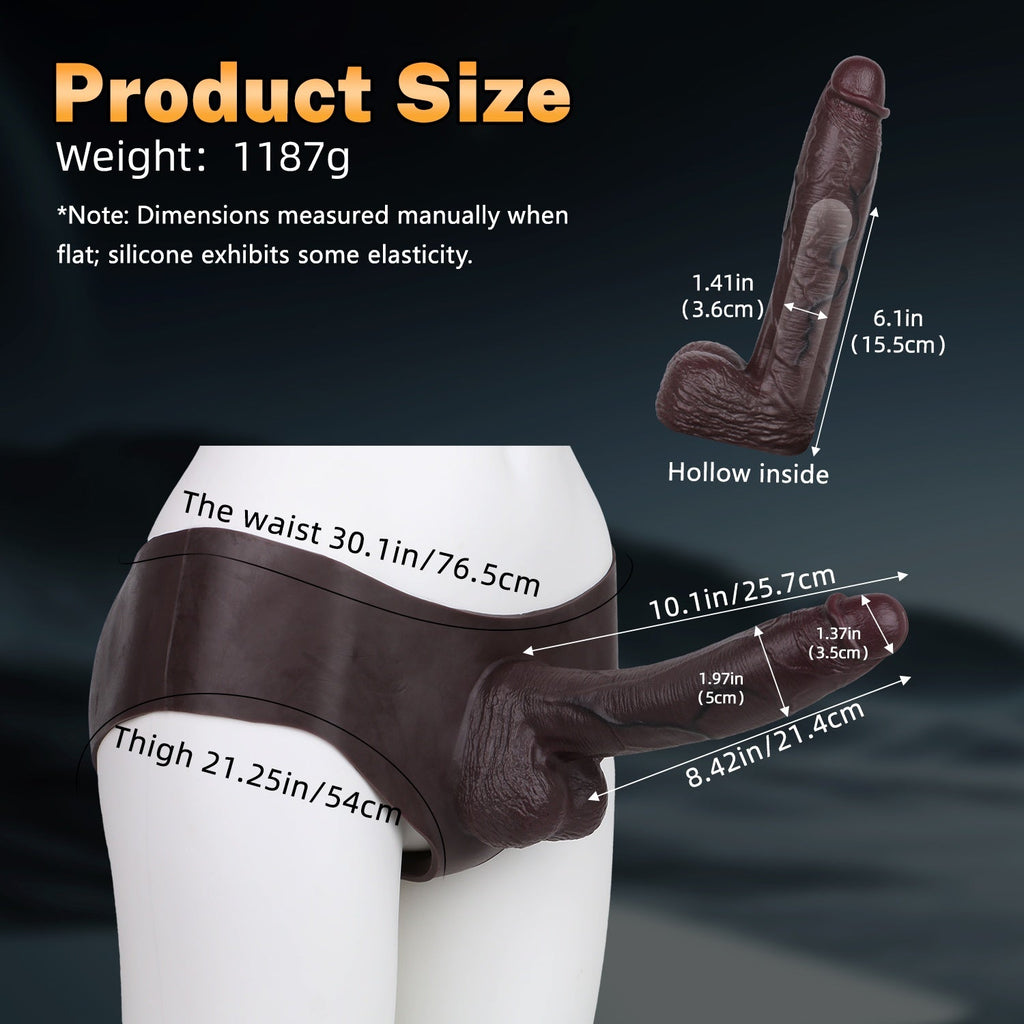 10 inch Hollow Dildo Silicone Sheath Underwear - Realistic Black Penis Sleeve Extender Pant for Men