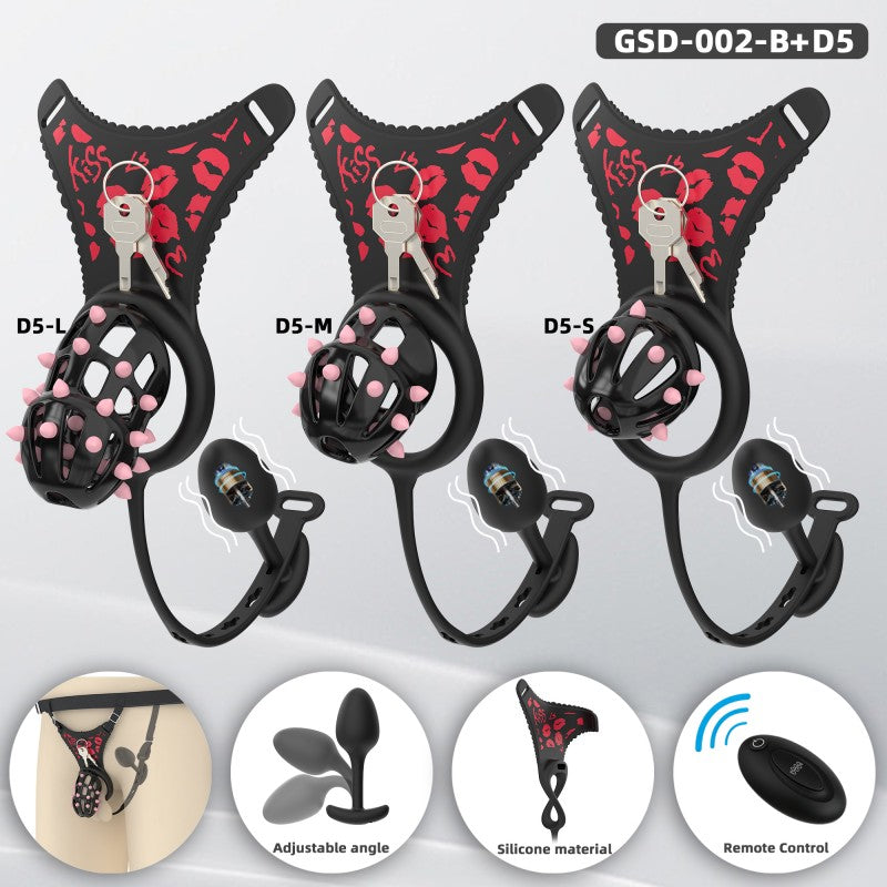 Spiked Chastity Cage Harness Set with Remote Vibrating Anal Plug GSD