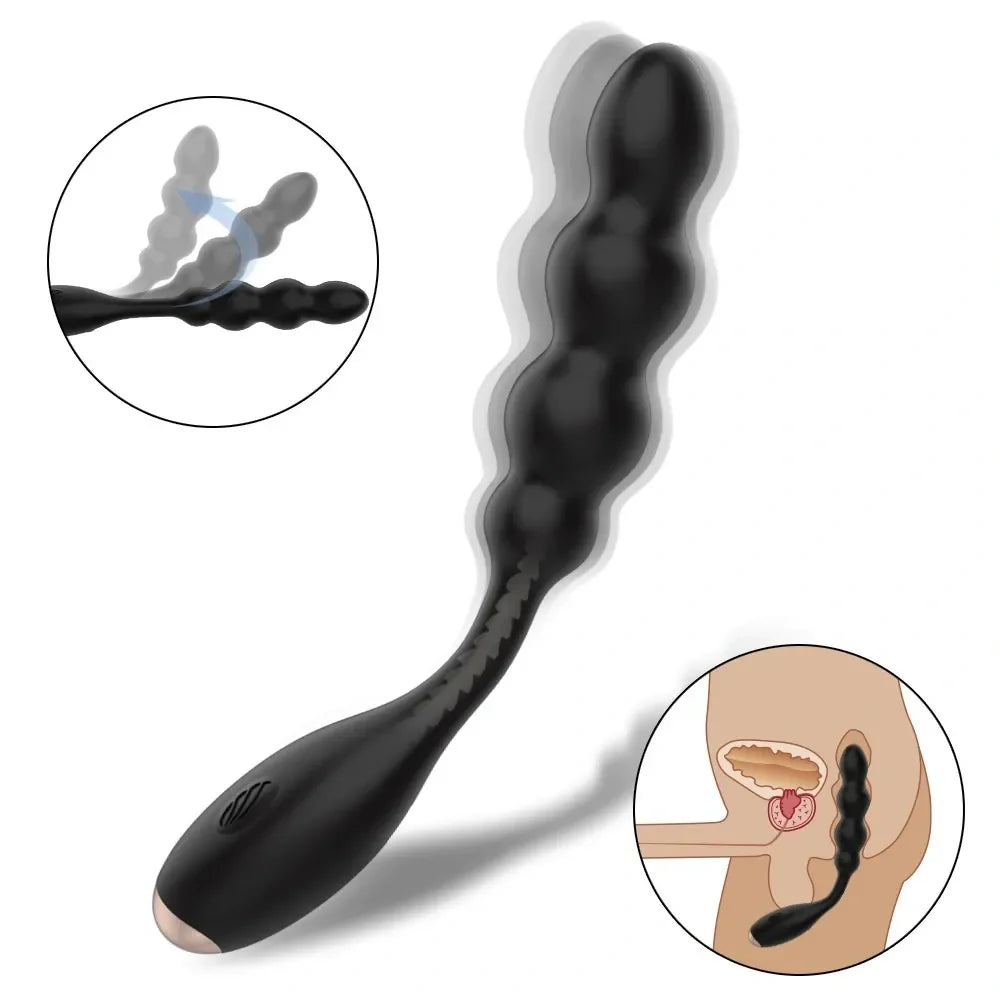 Black Silicone Anal Beads Vibrating Butt Plug - Stimulating Male Prostate Massager