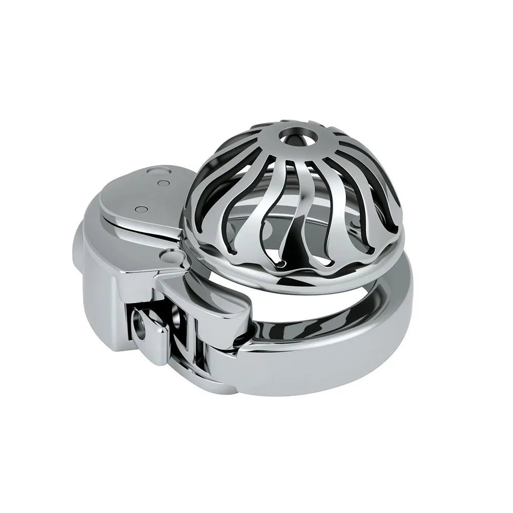 Metal Chastity Cage for Men with Invisible Button Lock – Dome Design, 6 Adjustable Sizes, Ventilated Open Structure