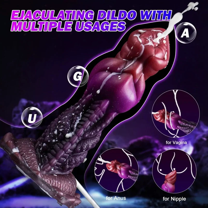 Domlust Squirting Dragon Dildo | Fake Cum Ejaculating Fantasy Toy – G-Spot Knot, Red & Purple Silicone