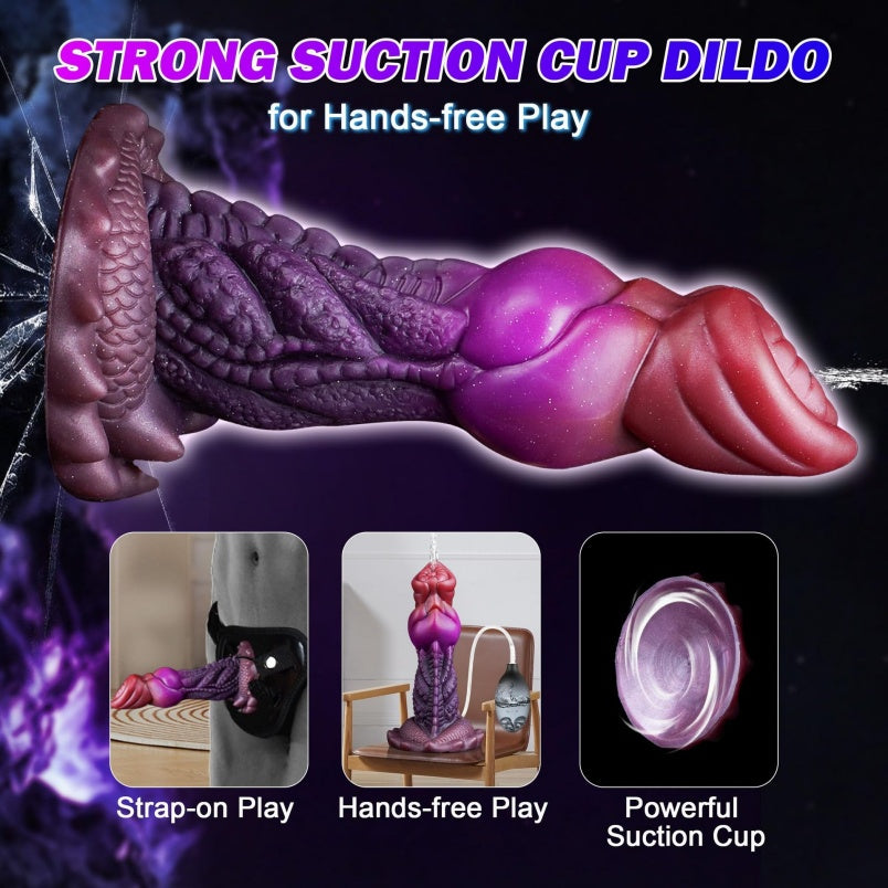Domlust Squirting Dragon Dildo | Fake Cum Ejaculating Fantasy Toy – G-Spot Knot, Red & Purple Silicone