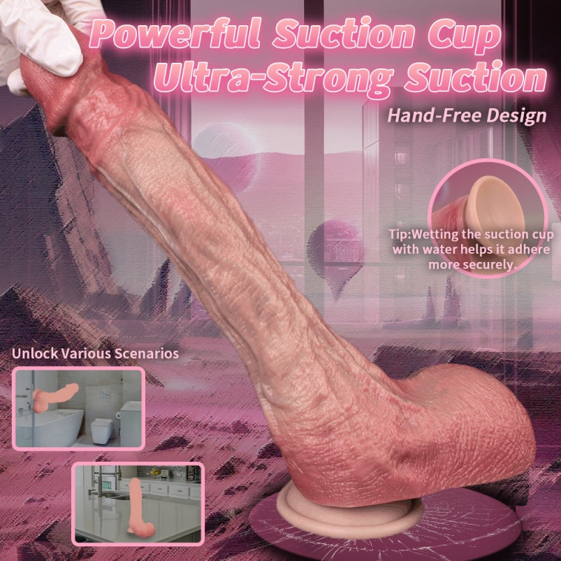 Curved Realistic Dildo Female Sex Toy – 10 inch Penis Big Testicle Silicone Masturbator