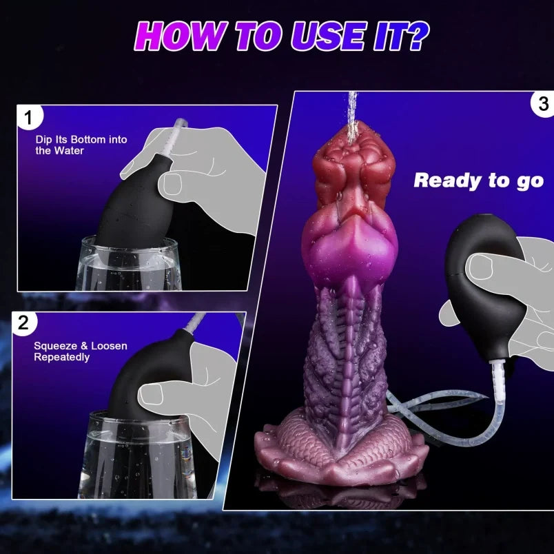 Domlust Squirting Dragon Dildo | Fake Cum Ejaculating Fantasy Toy – G-Spot Knot, Red & Purple Silicone