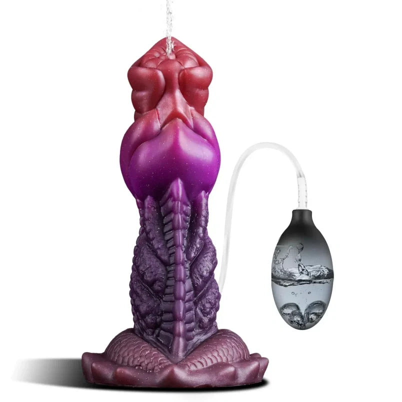 Domlust Squirting Dragon Dildo | Fake Cum Ejaculating Fantasy Toy – G-Spot Knot, Red & Purple Silicone
