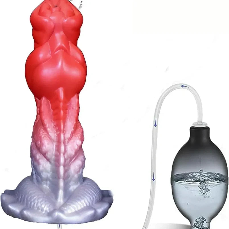 Domlust Squirting Dragon Dildo | Fake Cum Ejaculating Fantasy Toy – G-Spot Knot, Red & Purple Silicone