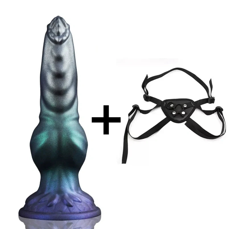 Domlust Metallic Knotted Dragon Dildo – Dual-Density Platinum Silicone Spiral Head Suction Cup Strap-On Fetish Sex Toy