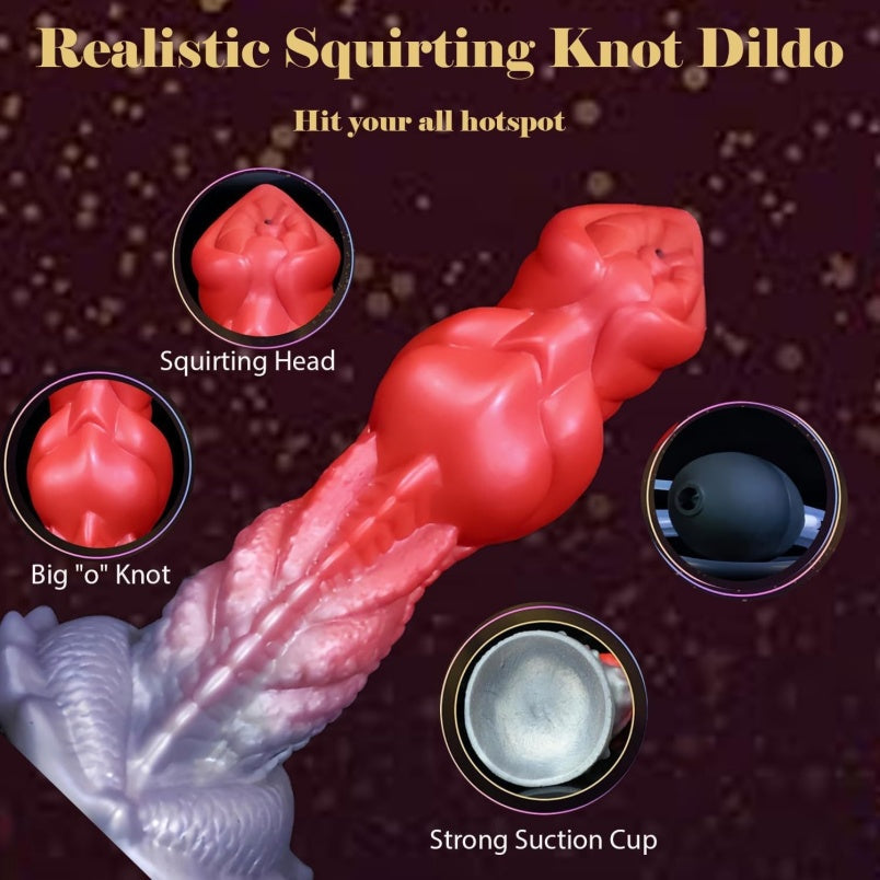 Domlust Squirting Dragon Dildo | Fake Cum Ejaculating Fantasy Toy – G-Spot Knot, Red & Purple Silicone