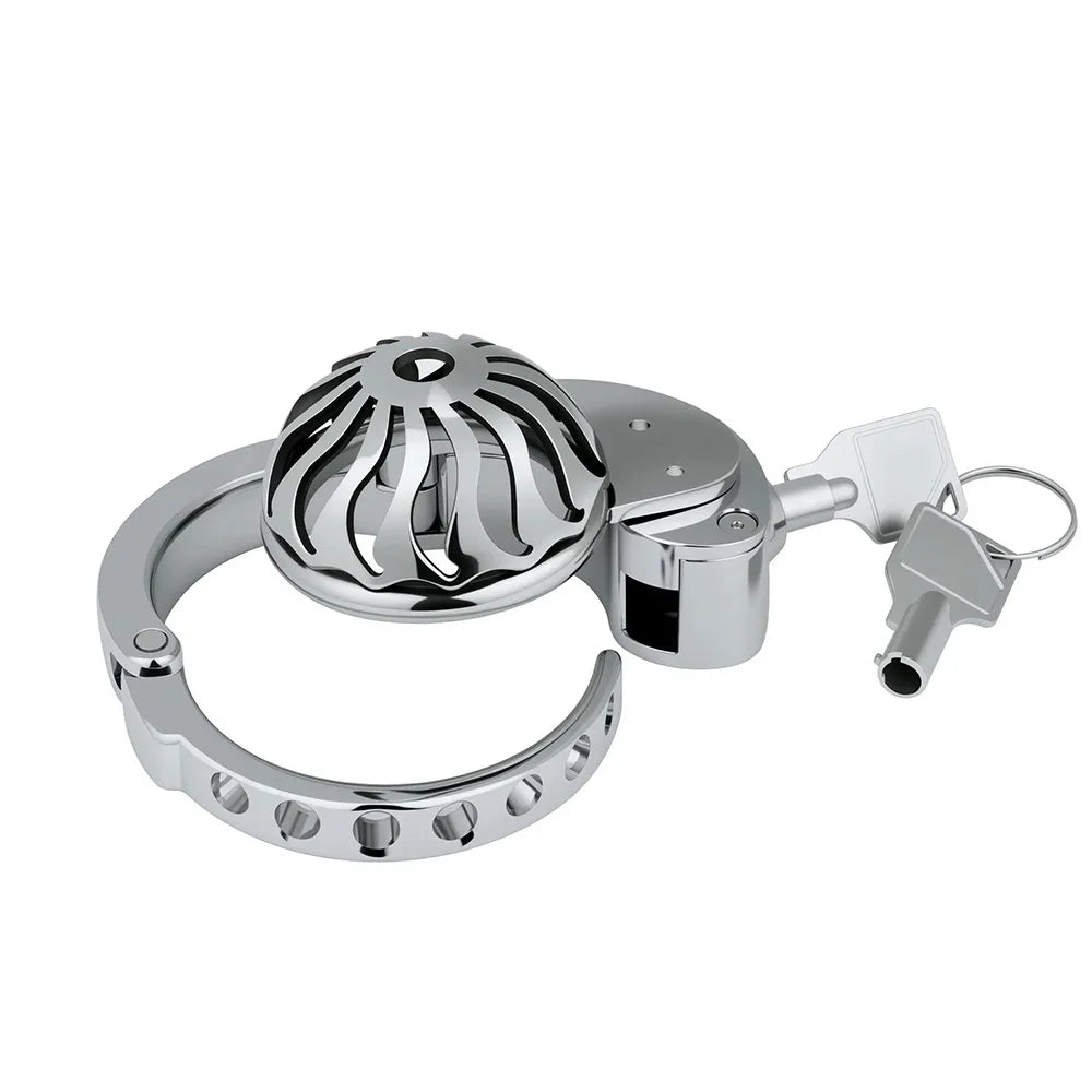 Metal Chastity Cage for Men with Invisible Button Lock – Dome Design, 6 Adjustable Sizes, Ventilated Open Structure