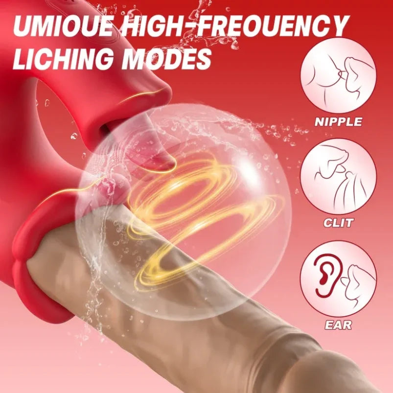 Domlust 3-in-1 Thrusting Vibrating Dildo – Platinum Silicone Telescoping Clit Licker Magic Wand Fantasy Sex Toy