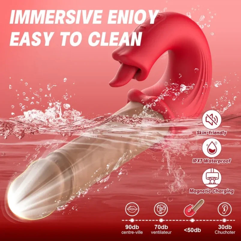 Domlust 3-in-1 Thrusting Vibrating Dildo – Platinum Silicone Telescoping Clit Licker Magic Wand Fantasy Sex Toy