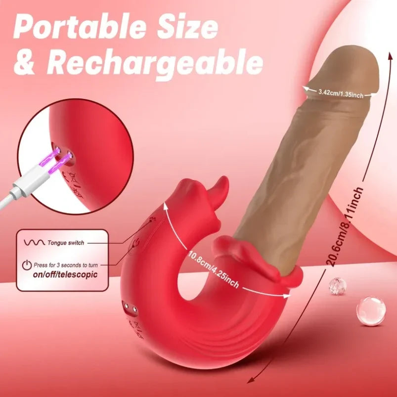 Domlust 3-in-1 Thrusting Vibrating Dildo – Platinum Silicone Telescoping Clit Licker Magic Wand Fantasy Sex Toy