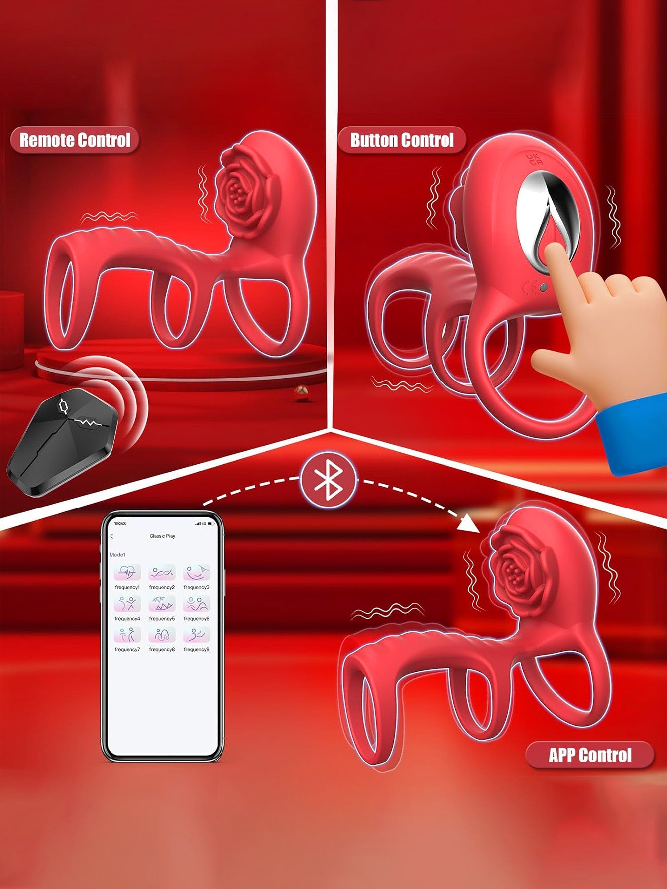 Triple Cockring Vibrating Penis Sleeve - APP Remoter Control Clit Stimulator Rose Toy