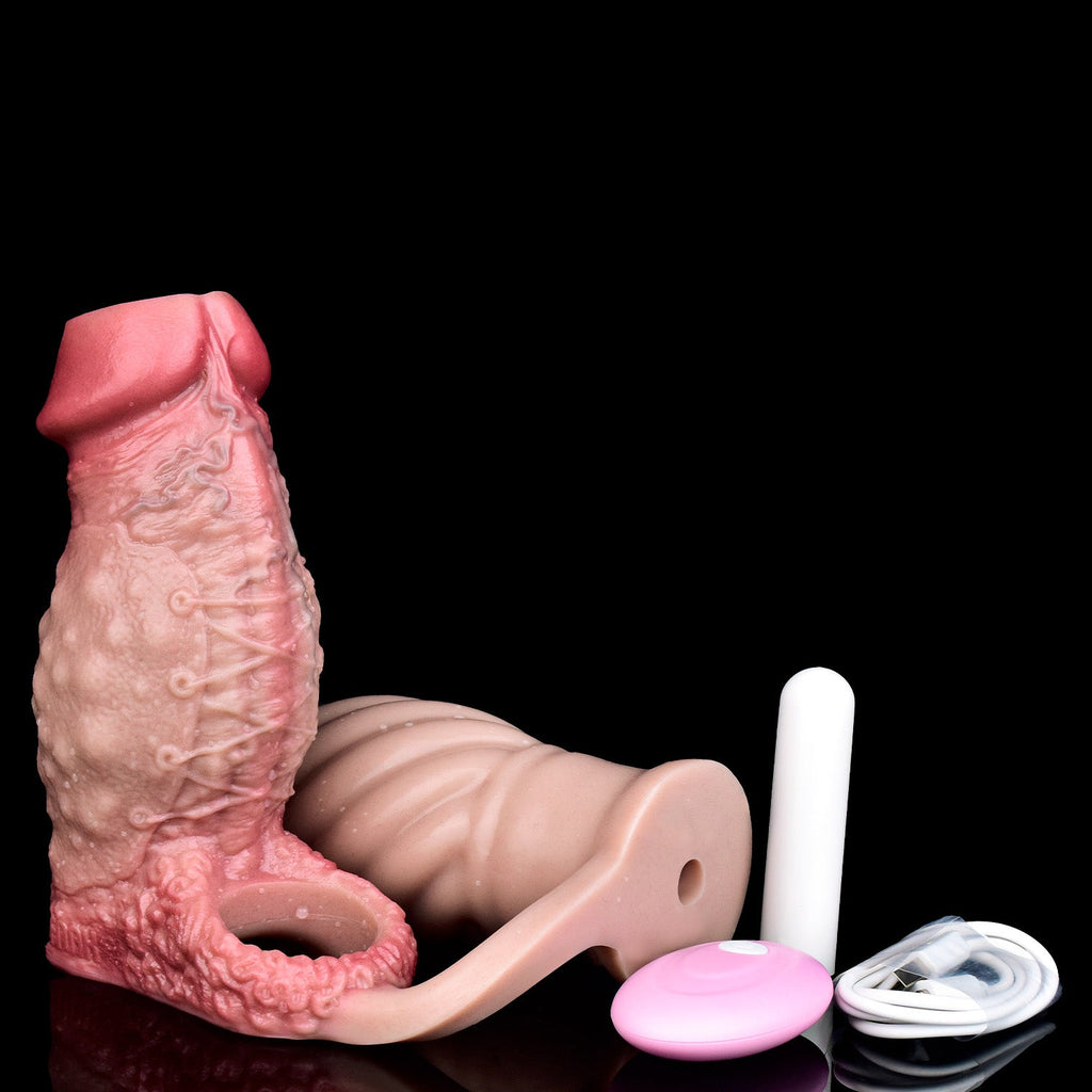 Vibrating Cock Sleeve with Butt Plug & Prostate Massager — Platinum Silicone Penis Extender for Dual Stimulation