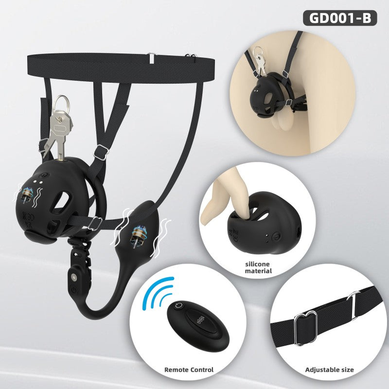 Electric Silicone Chastity Cage with Remote Control, Vibrating Plug & Harness