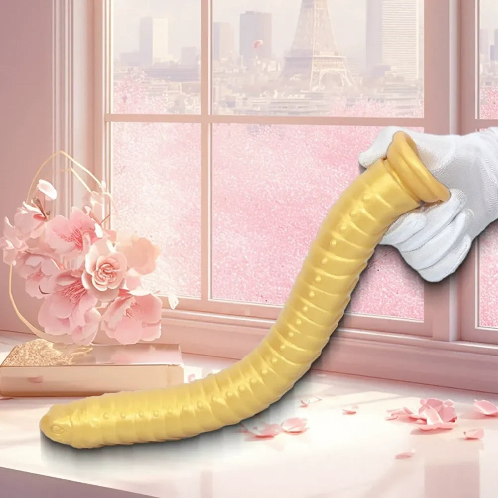 Domlust 15" Golden Serpent Tentacle Dildo – Platinum Silicone Spiral Groove Snake-Head Fantasy Long Dildo