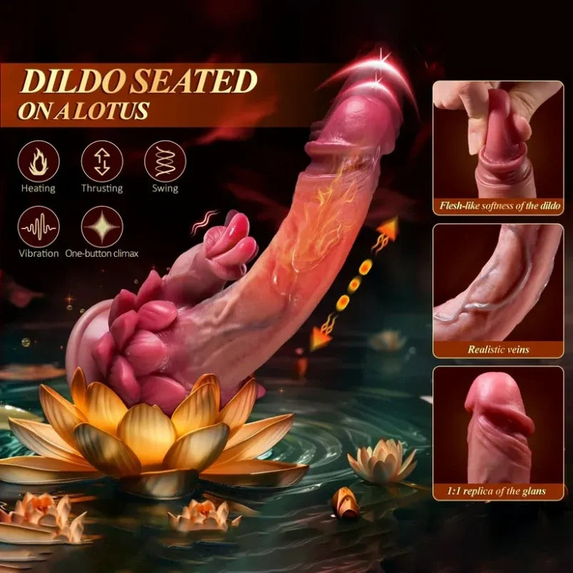 Domlust Lotus — 4-in-1 Thrusting Vibrating Dildo with Clit Licker & Heating | Platinum Silicone Fantasy Toy
