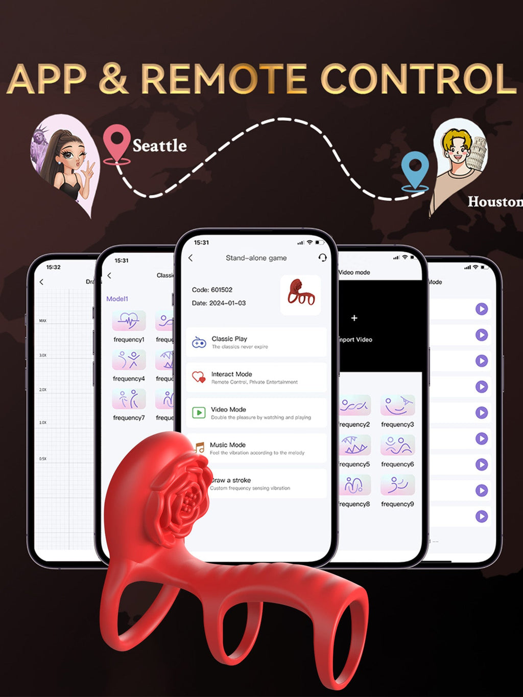 Triple Cockring Vibrating Penis Sleeve - APP Remoter Control Clit Stimulator Rose Toy
