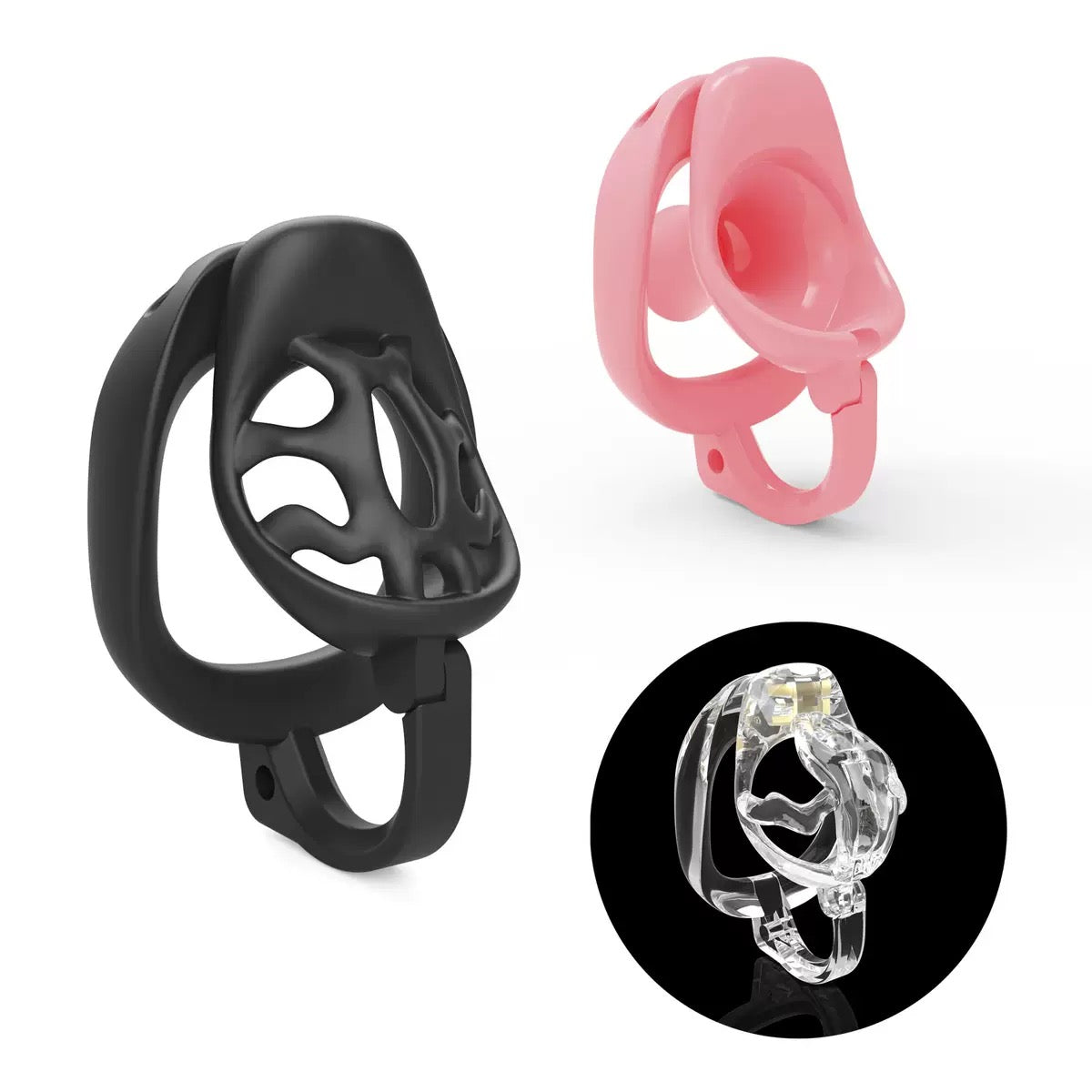 Plastic Male Chastity Cage with Key – Adjustable ABS Design, 3 Internal Styles, 4 Ring Sizes (42–55mm), Pink / Black / Clear