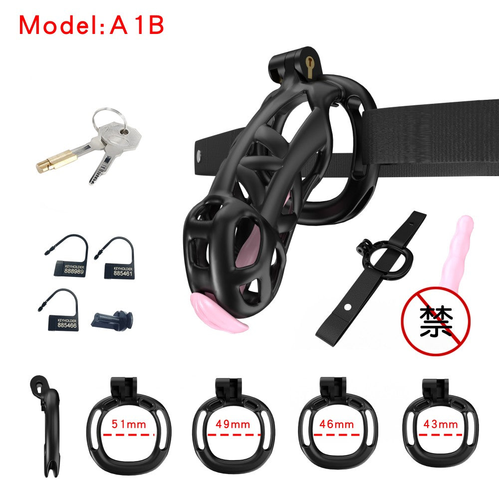 3D Printed Male Chastity Cage with Lock & 5 Rings – Resin Virginity Device with Strap for Men