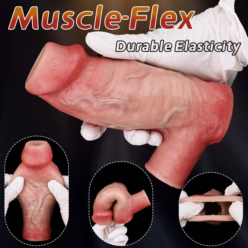 Muscle-Flex Vein Texture Cock Sleeve — Platinum Silicone Penis Extender with Dual-Channel Stimulation