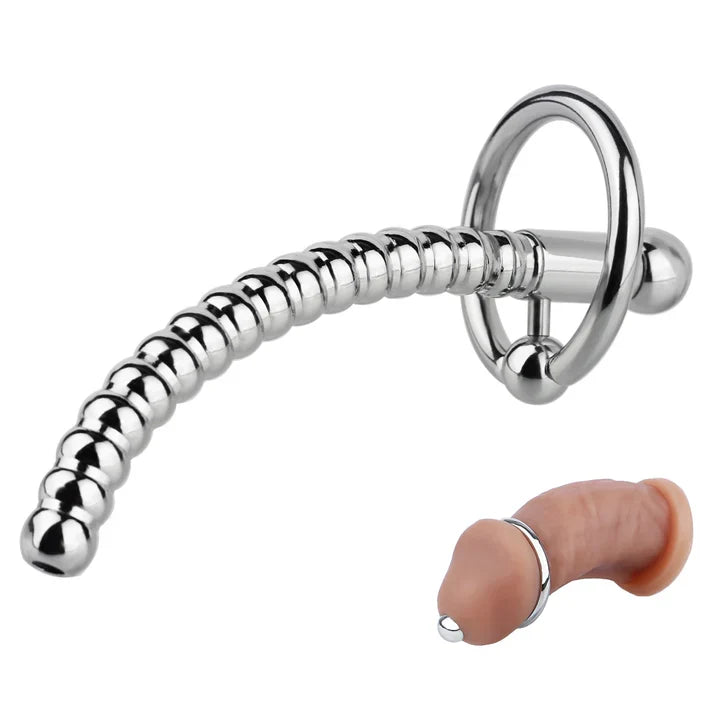Spiral Textured Prince Albert Wand - 304 Steel Urethral Sound with Ring