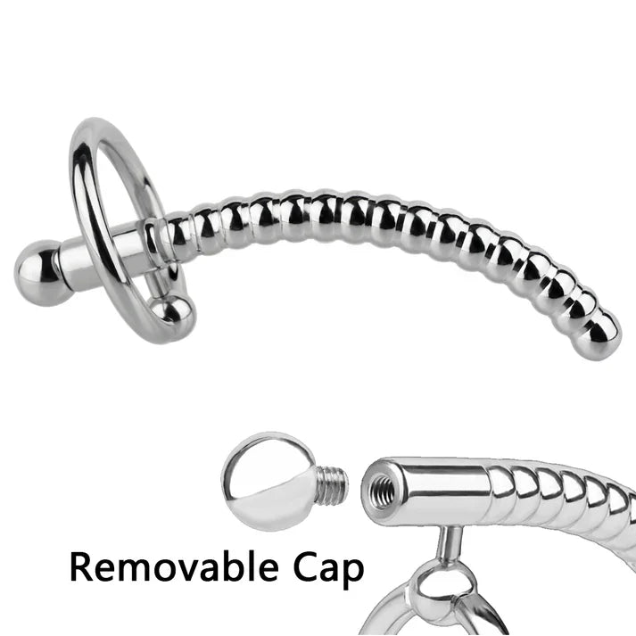 Spiral Textured Prince Albert Wand - 304 Steel Urethral Sound with Ring