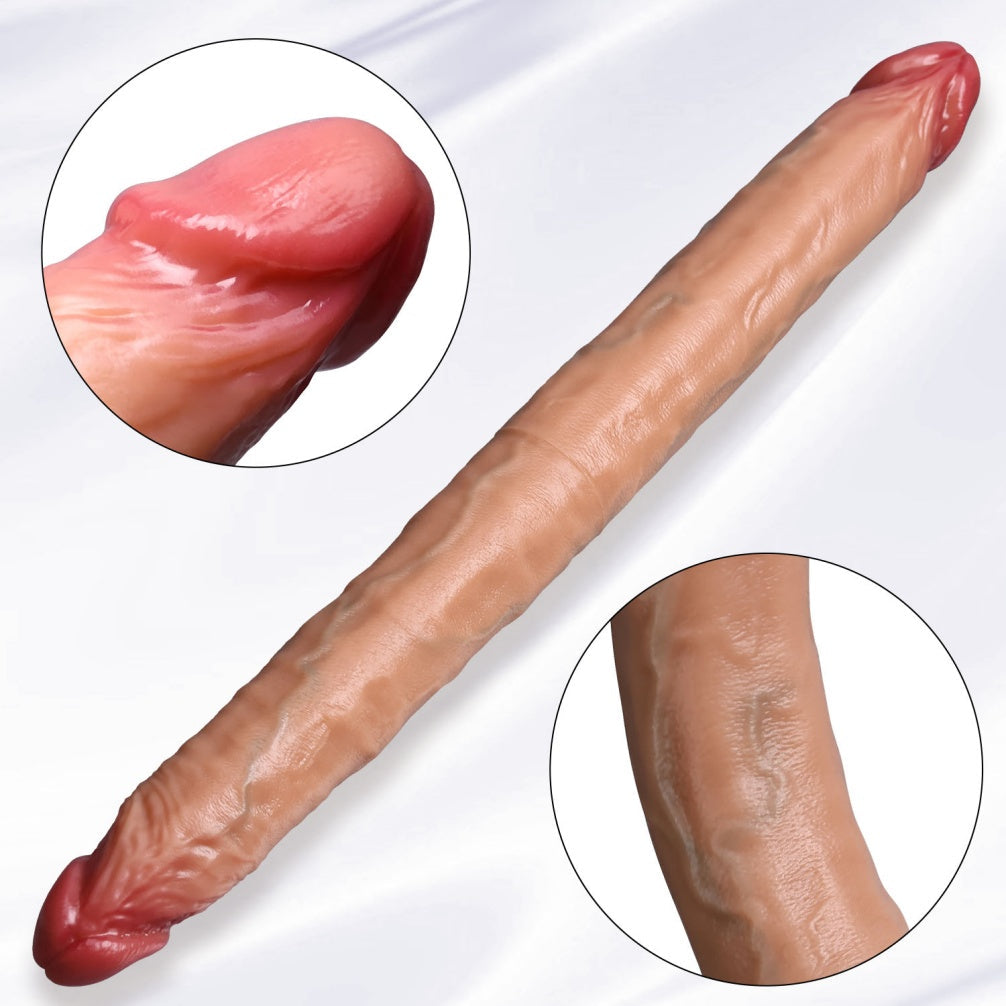 Domlust Realistic Double Ended Dildo – Platinum Silicone Ultra-Flexible Fleshy Texture Lesbian & Couples Sex Toy