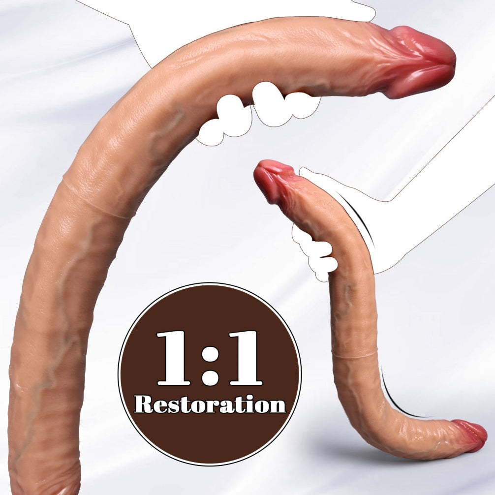 Domlust Realistic Double Ended Dildo – Platinum Silicone Ultra-Flexible Fleshy Texture Lesbian & Couples Sex Toy