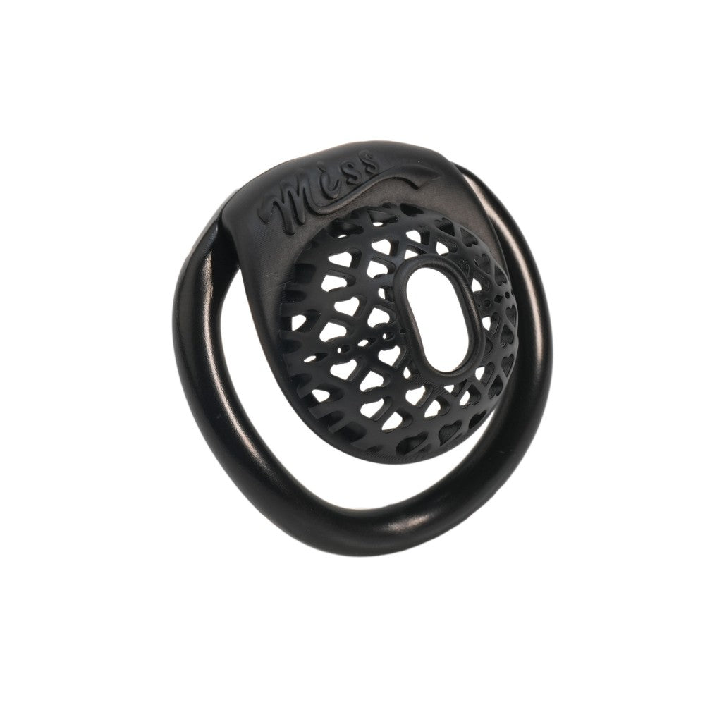 Miss  Heart Lattice Ring Lock – Cute Heart Openwork Chastity Ring (Pink / Black)