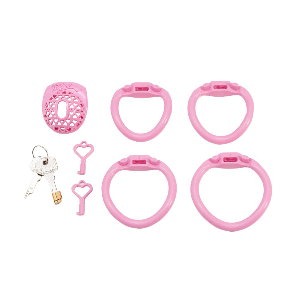 Miss  Heart Lattice Ring Lock – Cute Heart Openwork Chastity Ring (Pink / Black)