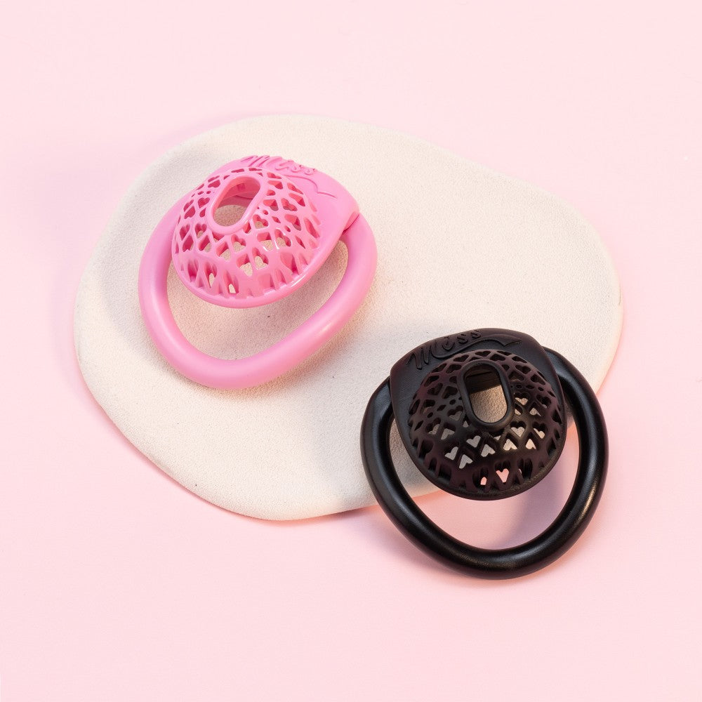 Miss  Heart Lattice Ring Lock – Cute Heart Openwork Chastity Ring (Pink / Black)