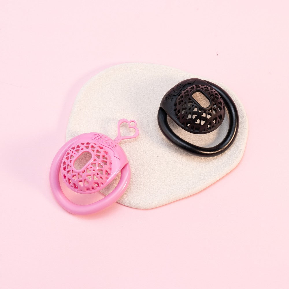 Miss  Heart Lattice Ring Lock – Cute Heart Openwork Chastity Ring (Pink / Black)