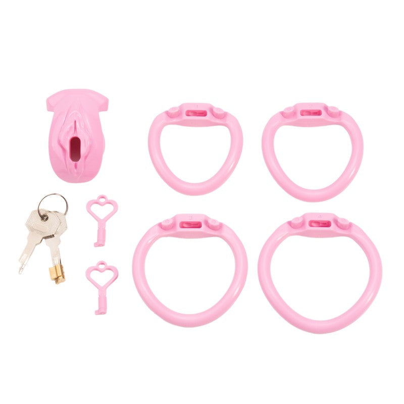 Realistic Vulva Shaped Chastity Cage Set – Pink & Black | Adjustable Flatness (-10 / -5 / 0) | 4 Progressive Ring Sizes