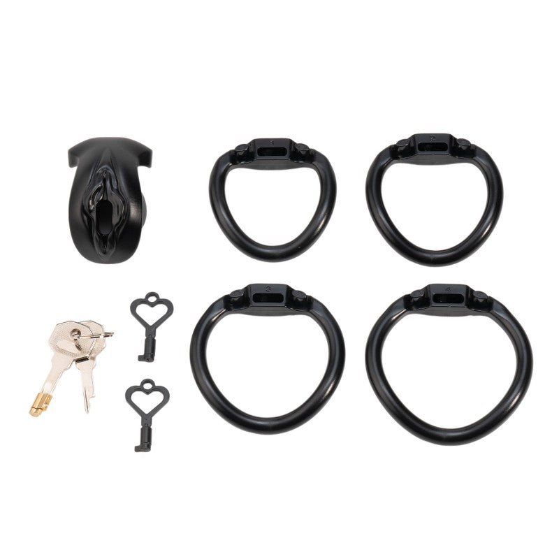 Realistic Vulva Shaped Chastity Cage Set – Pink & Black | Adjustable Flatness (-10 / -5 / 0) | 4 Progressive Ring Sizes