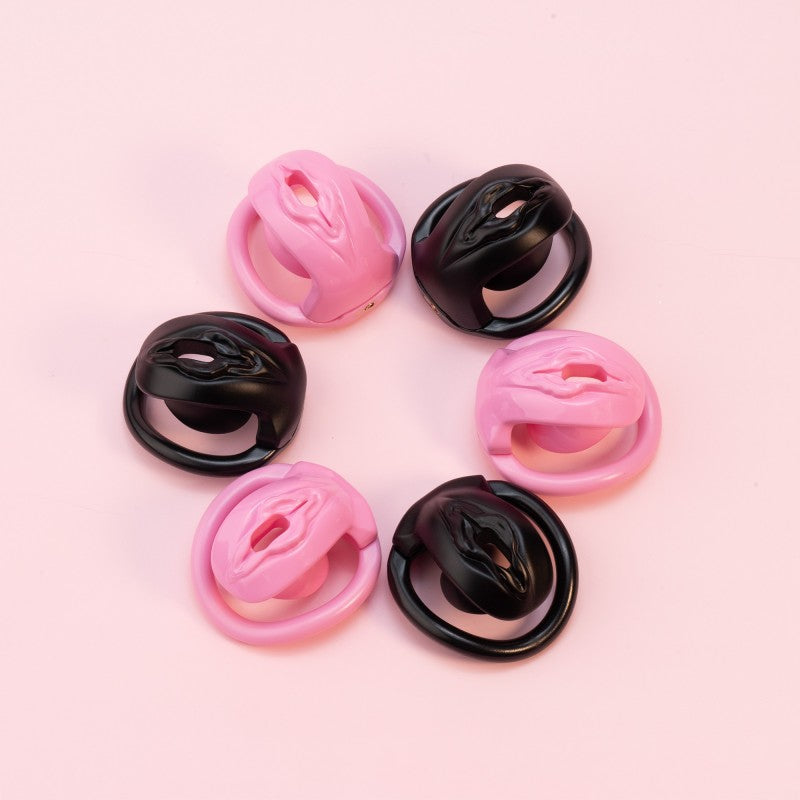 Realistic Vulva Shaped Chastity Cage Set – Pink & Black | Adjustable Flatness (-10 / -5 / 0) | 4 Progressive Ring Sizes