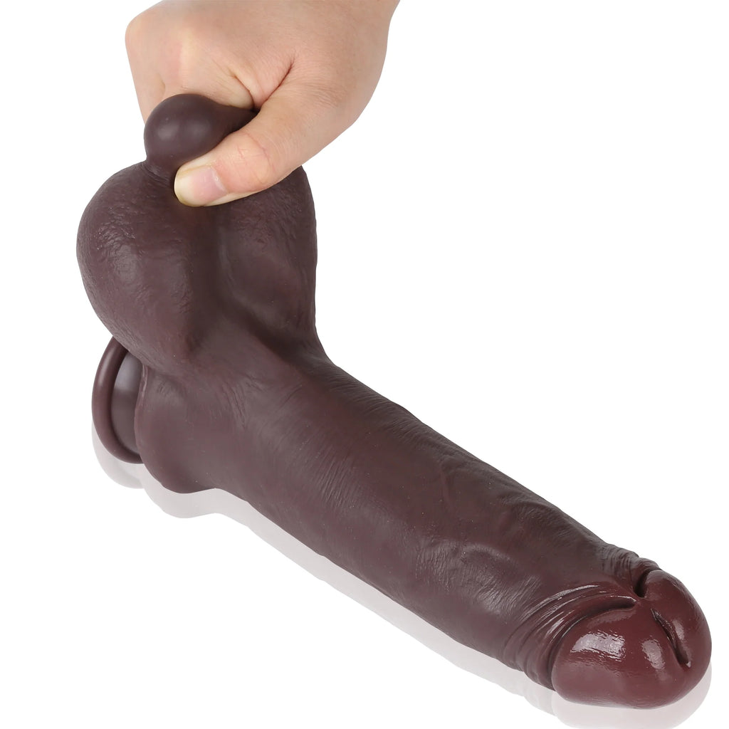 Ebony Dildo Big Testicle Suction Cup Anal Sex Toys - Bare Skin Realcock Women Masturbater