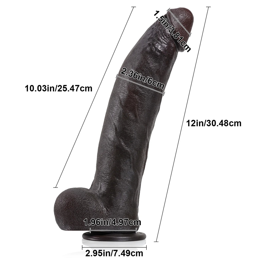 12 inch Penis Silicone Butt Plug - Realistic Black Dildo Small Testicle Prostate Massager