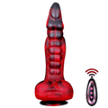 Evil Flame 9 inch fantasy dragon 7 frequency vibrating dildo vibrating on white background.