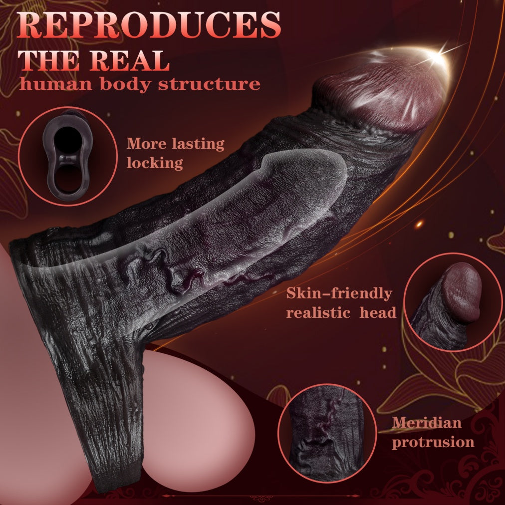 Realistic Black Silicone Penis Extender Sleeve – Girth & Length Enhancer with Testicle Support