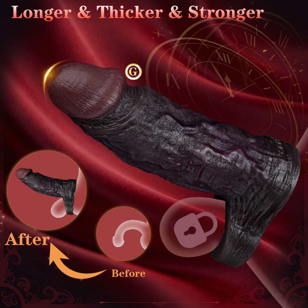 Realistic Black Silicone Penis Extender Sleeve – Girth & Length Enhancer with Testicle Support