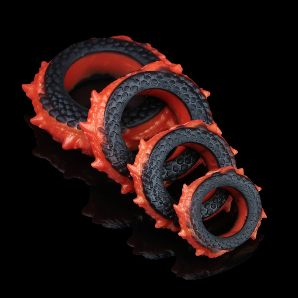 Dragon Scale Cock Ring Set – Premium Platinum Silicone | 4 Sizes | Black & Orange Ignition Series