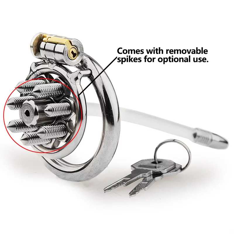 FLAT CHASTITY CAGE SPIKED METAL CATHETER